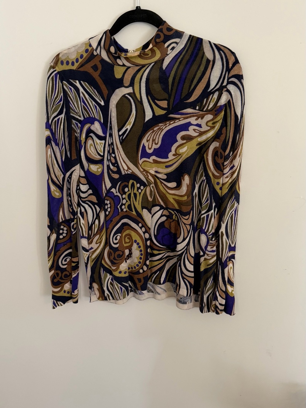 Long-Sleeve Paisley Print Mock Neck Top in Navy and Olive